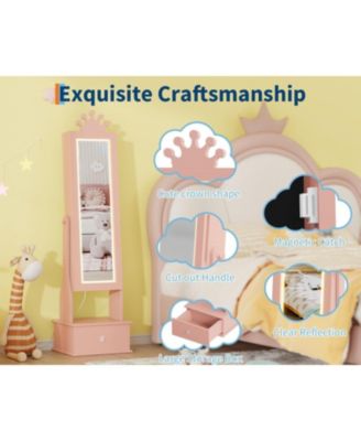 Kids Jewelry Armoire with Full-Length Mirror and LED Light, Child Jewelry Cabinet with 3 Storage Drawers