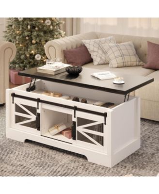  Lift Top Coffee Table, Multifunctional Table with Sliding Barn Door, Hidden Storage Compartment, Lifting Tabletop, Adjustable Shelf