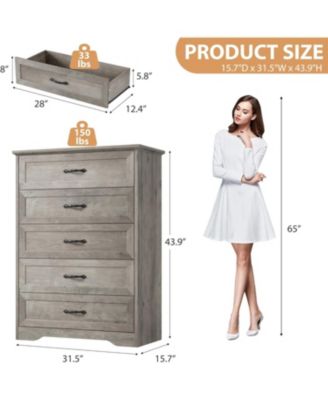 Farmhouse 5 Drawers Dresser for Bedroom,  Tall Chest of Drawer, Wooden Vertical Dresser with Metal Handles and Stable Base