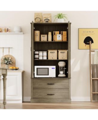 Kitchen Pantry Cabinet, Barn Door Kitchen Cabinet with Barn Doors, Drawers and 2 Adjustable Shelf, Freestanding Tall Hutch for Kitchen
