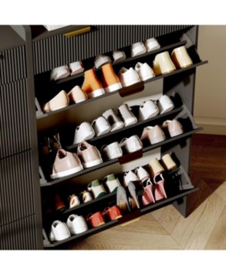 Wave Design Shoe Cabinet with 3 Slip Drawers, 2 Drawers, Raised Edges, Fluted Shoe Cabinet, Slim Hidden Shoe Organizer, Wooden Shoe Storage