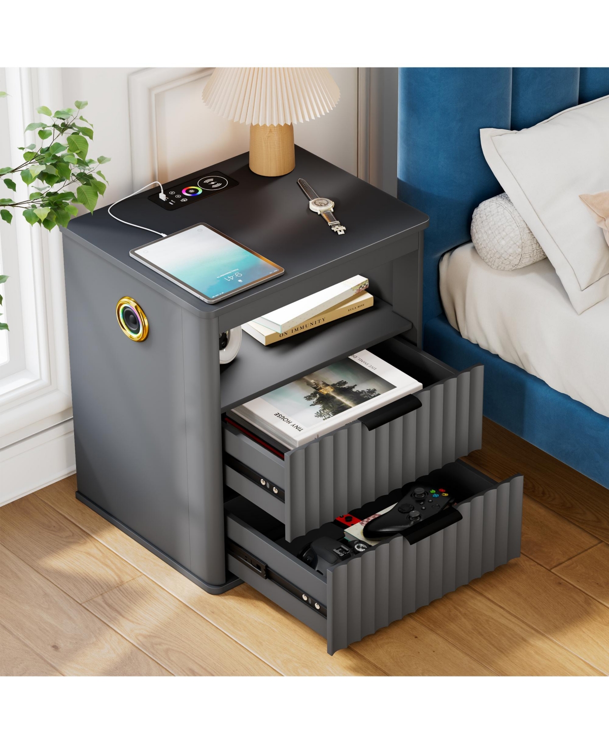 Vlrska 19.7-inch Wide Nightstand with Motion Sensor Function, Led Lights, and Wireless Charging Station