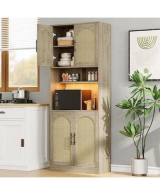  Tall Pantry Cabinet LED Light Microwave Shelf Oak