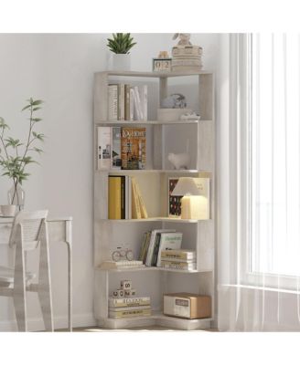 5 Tier L-Shaped Corner Bookshelf, Wooden Open Display Stand and Storage Rack with Anti-Drop Panels for Living Room or Home Office