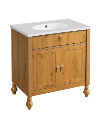 30 Inch Freestanding Bathroom Vanity with Seashell Resin Sink, Flip-Up Organizer & Soft Close Storage for Modern Space