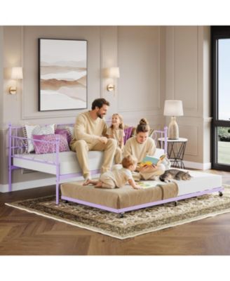 Kids  Daybed with Trundle, Purple, Heart Metal Headboard, Steel Slats, Easy Assembly