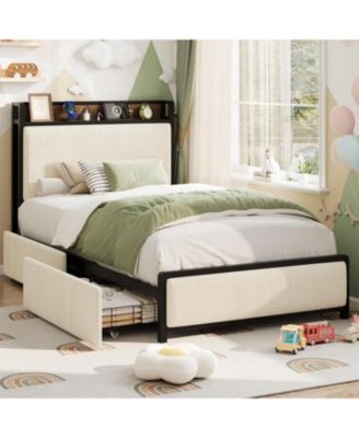  Bed Frame with Storage Headboard, Black Corduroy Upholstered Twin Platform Bedframe with Storage Drawers and Charging Station