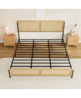 Bed Frame with Natural Rattan Headboard and Footboard, Wooden King Platform Bed No Box Spring Needed