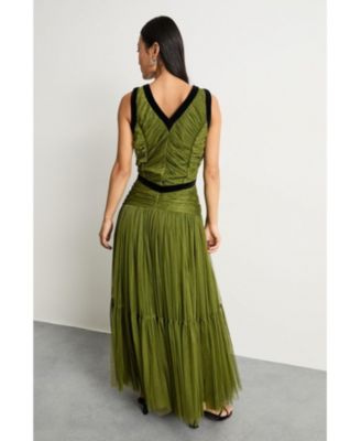 Women's Petite Velvet Trim Tulle Maxi Dress