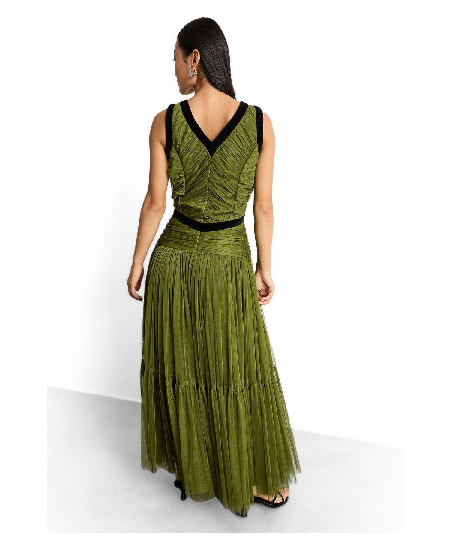 Women's Petite Velvet Trim Tulle Maxi Dress