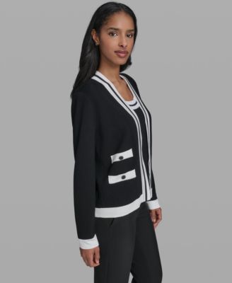 Women's Open-Front Long-Sleeve Knit Cardigan with Contrast Trim