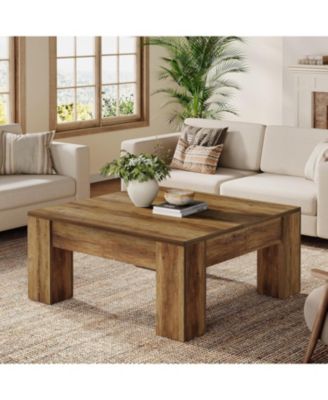 Square Coffee Table, 39-Inch Farmhouse Wooden Coffee Table with Sturdy Legs