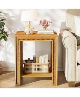 Solid Wood End Table, 2-Tier Farmhouse Side Table with Storage Shelves
