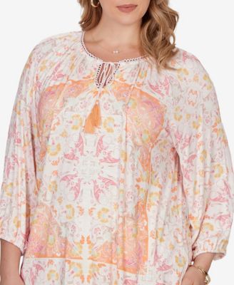 Plus Size Tapestry Print Drawstring Peasant Top