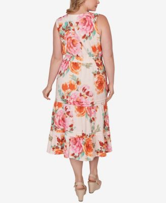 Plus Size Drawstring Waist Floral Linen Tiered Dress