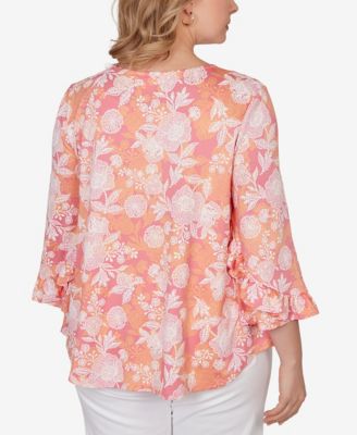 Plus Size Floral Puff Print Ruffle Knit Top
