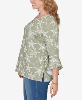 Plus Size Starfish Puff Print Flutter-Sleeve Top