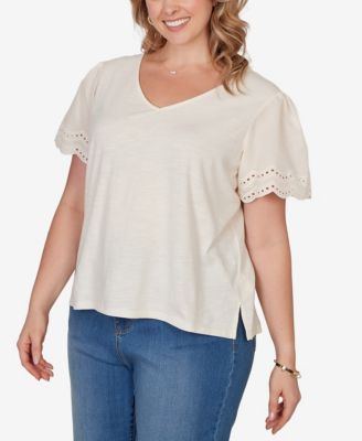 Plus Size Eyelet Poplin-Sleeve Slub Knit Top