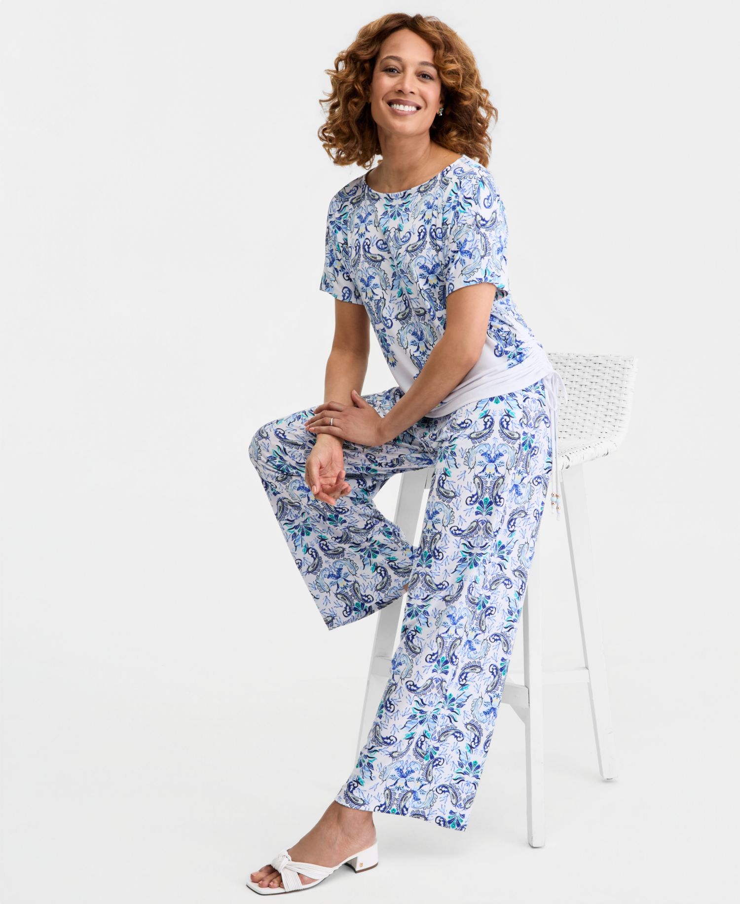 Women's Printed Side Ruched Boat-Neck Top