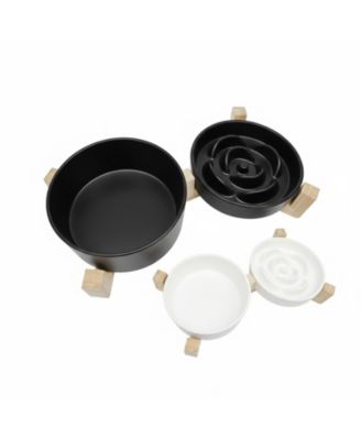 Ceramic Slow Feeder Dog Bowl Set with Wooden Stand Anti-Gulping Anti-Slip Dishwasher Safe