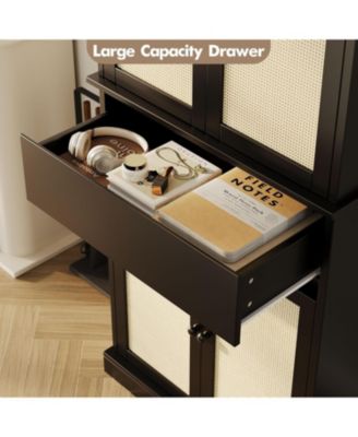 70" Rattan Pantry Cabinet, Pantry Storage Cabinet with 4 Doors, Freestanding Cupboard with 3 Adjustable Shelves