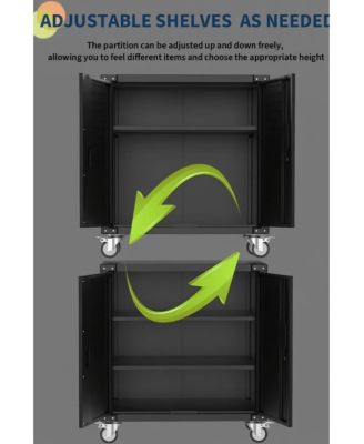 36" Metal Storage Cabinet, with Lock, Mobile Tool Cabinet with 2 Adjustable Shelves & 4 Wheels, Heavy Duty Steel Organizer for Garage, Workshop