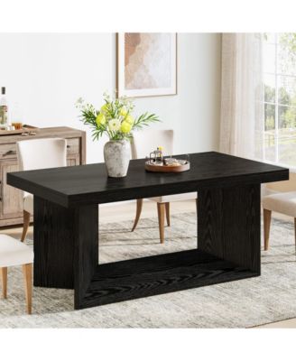 Dining Table for 4-6, Farmhouse Kitchen Table with Heavy Duty Pedestal, Rectangular Wooden Dinner Furniture, Black