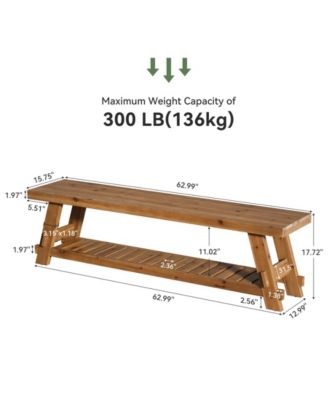 63" Solid Wood Bench, 2-Tier Shoe Rack, Farmhouse Entryway Bench with Storage Shelf, Kitchen Dining Bench