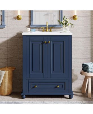 24" Modern Freestanding Solid Wood Bathroom Vanity with Ceramic Sink, Adjustable Shelf Storage, Soft-Close Cabinet & Drawer