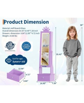 Kids Jewelry Armoire with Full-Length Mirror and LED Light, Child Jewelry Cabinet with 3 Storage Drawers