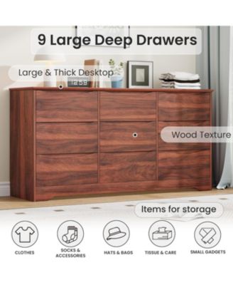 Wooden Dresser with 9 Drawers, Tall Modern Closet with Deep Storage, Large Chest of Drawers with Wide Top, Long Storage Dresser for Bedroom