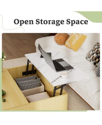 Lift Top Coffee Table with Storage - Fluted Wood Square Center Table with Open Storage, for Living Room, Home Office