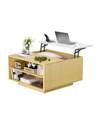 Lift Top Coffee Table with Storage - Fluted Wood Square Center Table with Open Storage, for Living Room, Home Office