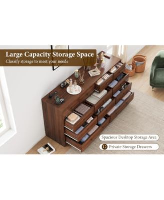 12 Drawer Dresser for Bedroom, 61 in Long Modern Dresser TV Stand with Charging Station, Large Wooden Chest Od Drawers for Nursery, Closet