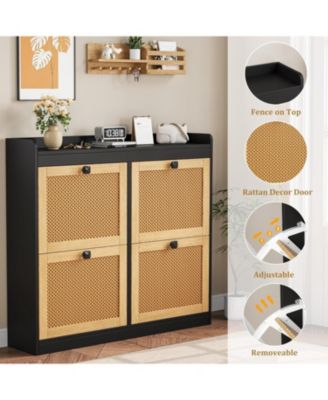 Shoe Cabinet with 4 Deep Flip Drawers, Base Freestanding Wooden Shoe Storage Cabinet with Rattan Door & 3 Tier Adjustable Shelves