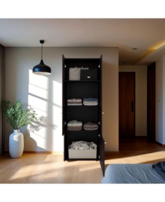 Stained Walnut Tolleson 3-Door Tall Wardrobe Armoire 4 Shelves Hanging Rod Freestanding Storage