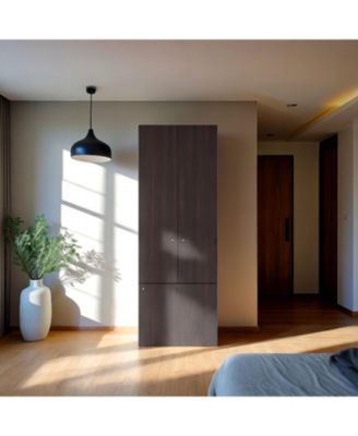 Stained Walnut Tolleson 3-Door Tall Wardrobe Armoire 4 Shelves Hanging Rod Freestanding Storage