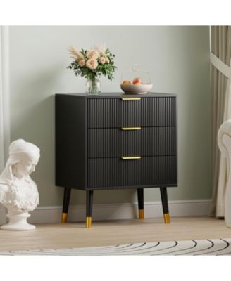 Fluted 3 Drawer Dresser Set of 2, Large Modern Nightstand Cabinet with Gold Metal Handles, End Table Wood Chest of Drawers for Bedroom