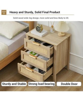 rattan nightstand with 3 drawers and a storage shelf, boho bedside table with sturdy wood legs, ideal for kids’ rooms or farmhouse bedrooms.