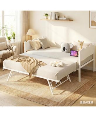 Twin Daybed with Trundle, Industrial Wood Grain Headboard, Steel Slat Support, Lockable Casters, Space-Saving & Multifunctional