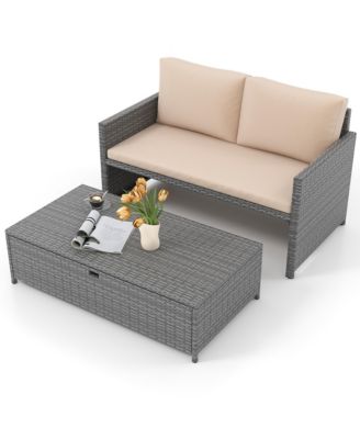 2 PCS Patio Loveseat w/ 31 Gal Multifunctional Storage Ottoman and Soft Cushions