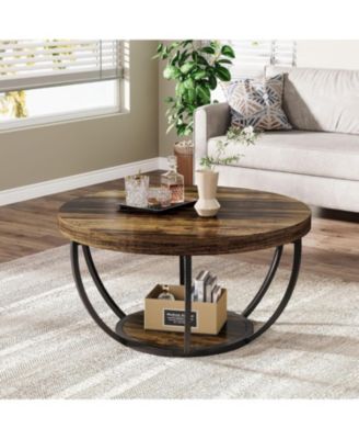 Round Coffee Table, Industrial 2-Tier Circle Coffee Table with Storage Shelves for Living Room, Home Office