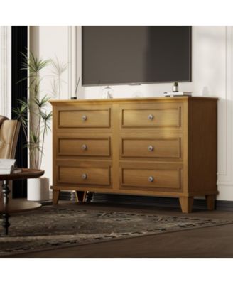 6 Drawer Wide Dresser Modern Wooden Storage Chest with Metal Handles