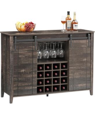 Farmhouse Bar Cabinet with Sliding Barn Doors, Rustic Liquor & Coffee Station with Wine Glass Racks & Adjustable Shelves.