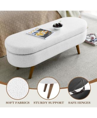 Oval Storage Ottoman Bench - Upholstered End of Bed Bench with Safety Hinge Flip Top and Solid Wood Legs for Bedroom