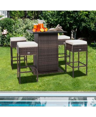 5PCS Patio Bar Set Rattan Bar Furniture Set w/ Table and 4 Cushioned Stools