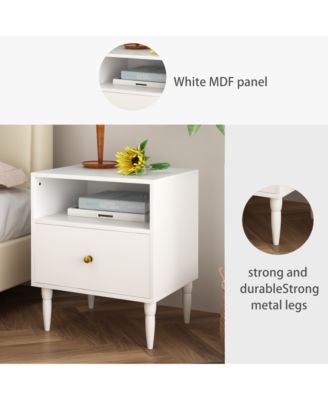 Modern Nightstand - Compact Bedside Table with Drawer, Open Shelf,  Knob and Solid Wood Legs for Bedroom, Living Room