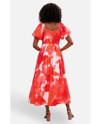 Women's Floral Midi Dress With Puff Sleeves