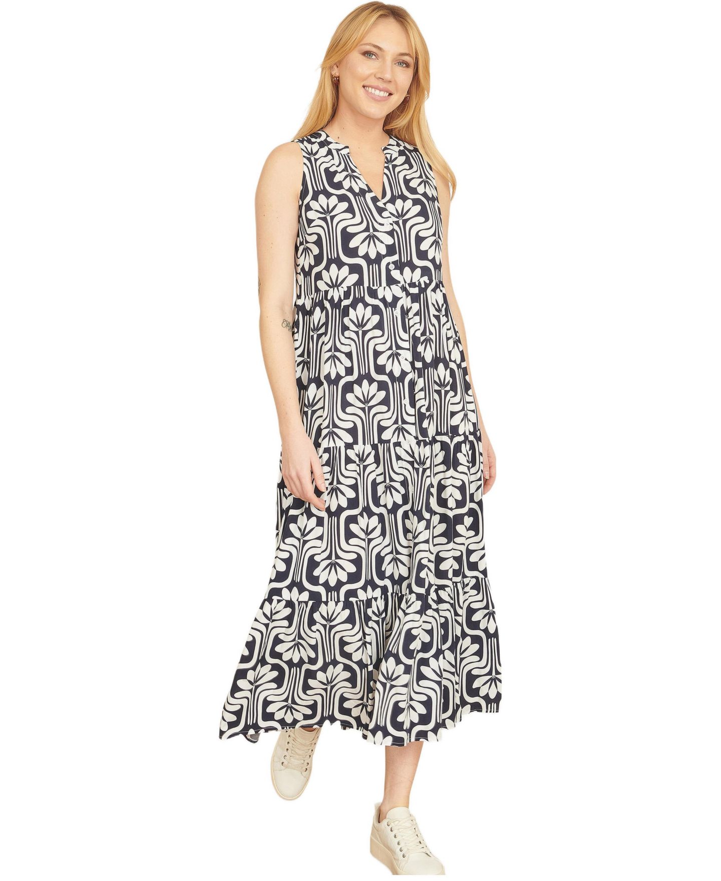 Женское платье Yumi Retro Print Relaxed Midi, цвет: Тёмно-синий — фото 1