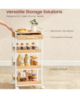 4-Tier Rolling Storage Cart with Top Board, Drawer, Mesh Shelves, Lockable Casters